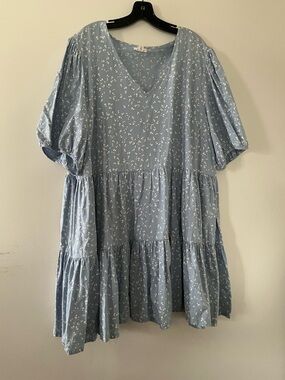 Cottagecore Blue Babydoll Peasant Mini Dress 3X Floral Puff Sleeve Feminine